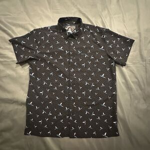 Retro Rifle Shirt Mens XL Hanguin AOP Short Sleeve Button Up Stretch Black